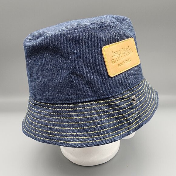 Jean Paul Gaultier Par Vous Blue Denim Bucket Hat Leather Embossed Logo Patch - Picture 5 of 7